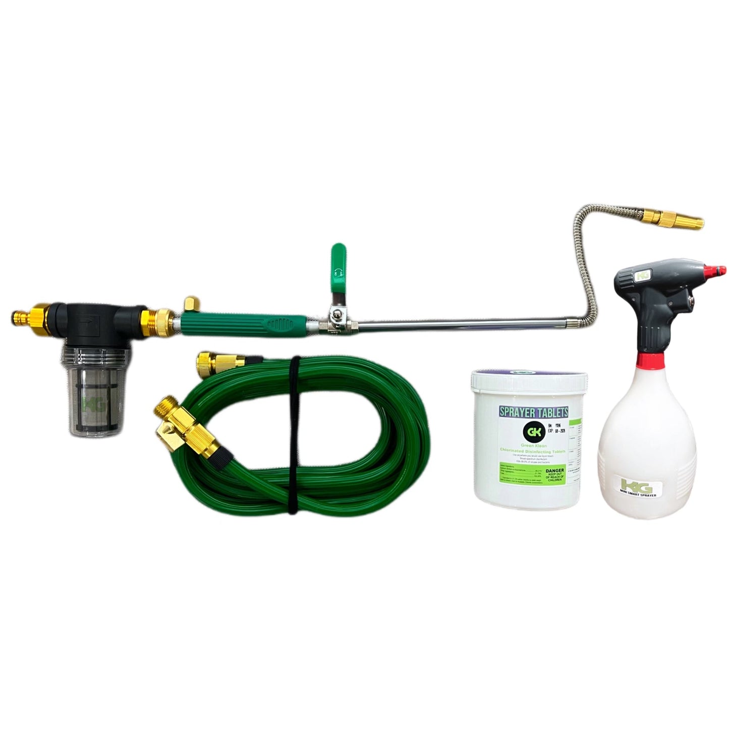 Klean Guard Ultimate Combo Kit includes: Mini Smart & Pro-X Sprayer (w/ 120 CT Sprayer Tablets & 25FT Expandable Hose)